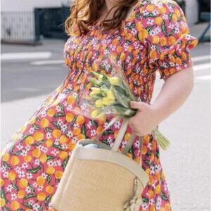 Draper James Kimberly Smocked Midi Dress Orange Blossom Dixie Rose Size L, Tags